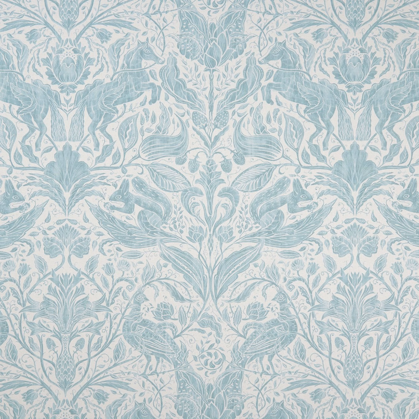 Pale duck-egg botanical fabric with rabbits, birds and curling ivory foliage