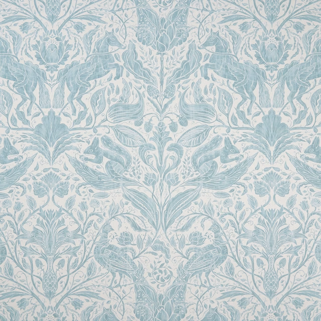 Pale duck-egg botanical fabric with rabbits, birds and curling ivory foliage