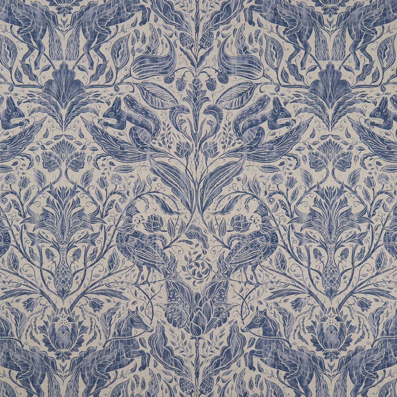 Muted ink-blue woodland animals and foliage on a pale ground