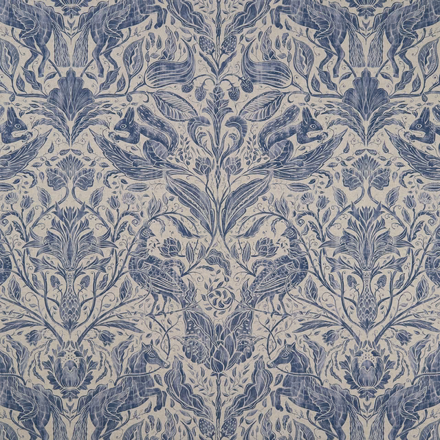 Muted ink-blue woodland animals and foliage on a pale ground