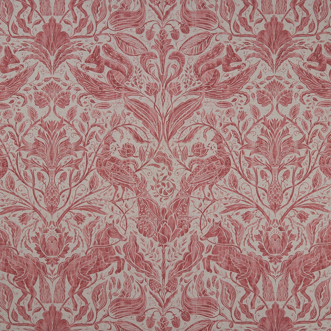 Muted raspberry and cream fabric with symmetrical woodland foliage, flowers and small animals