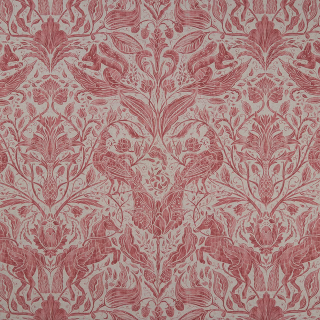 Muted raspberry and cream fabric with symmetrical woodland foliage, flowers and small animals