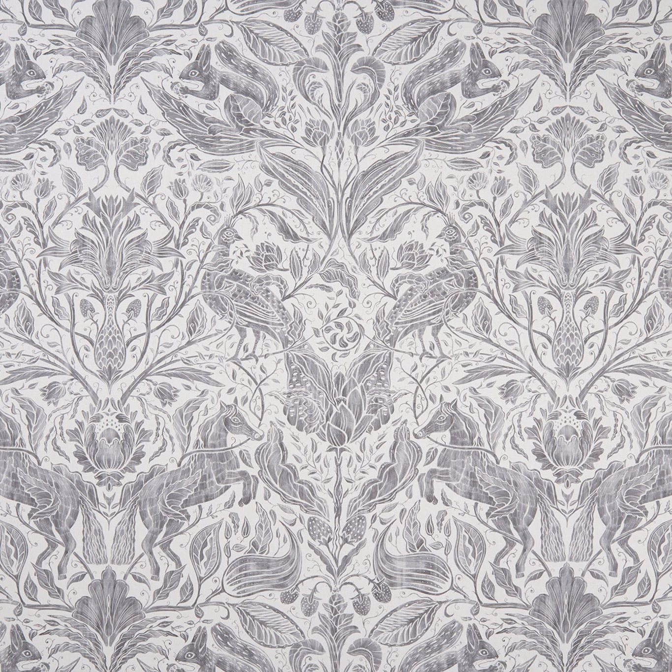 Smoky grey woodland animals and foliage arranged symmetrically on an ivory fabric ground