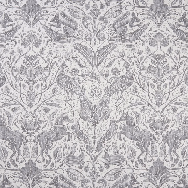 Smoky grey woodland animals and foliage arranged symmetrically on an ivory fabric ground