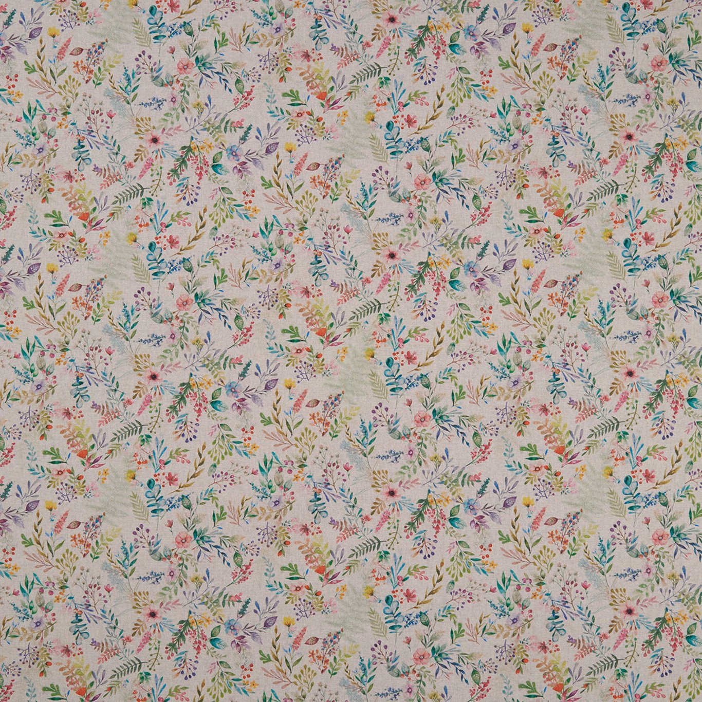 Pale cream floral textile with teal, violet and coral botanical sprigs in a woven ground