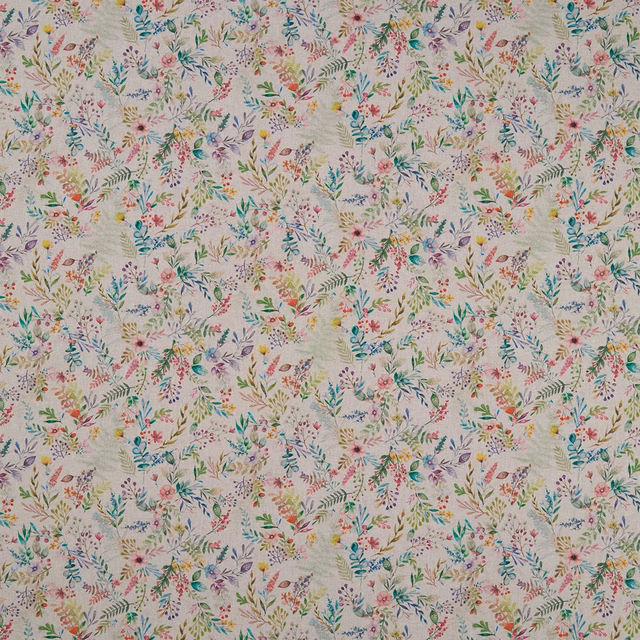 Pale cream floral textile with teal, violet and coral botanical sprigs in a woven ground
