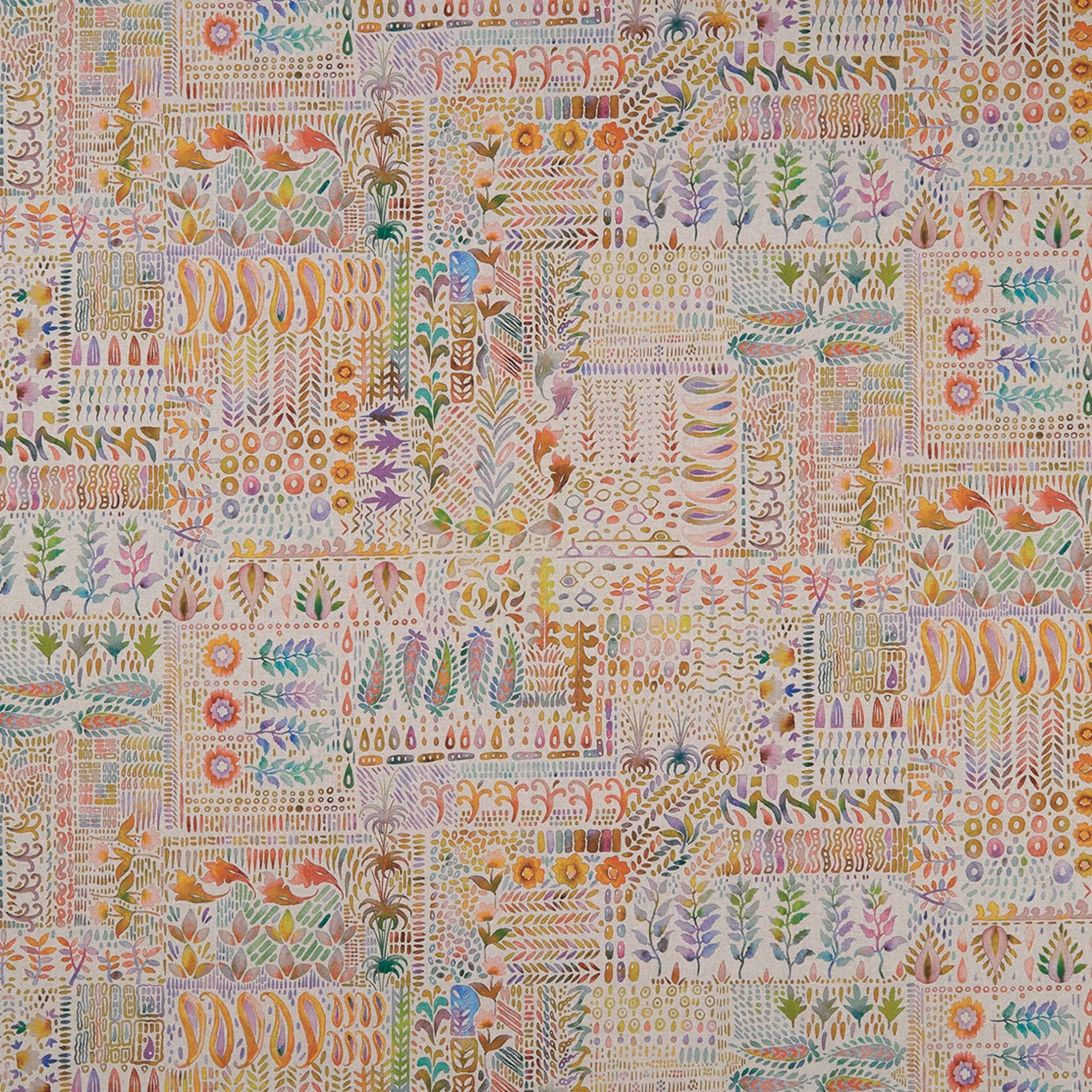 Muted botanical patchwork in coral, sage, ochre and lilac on a linen-toned ground
