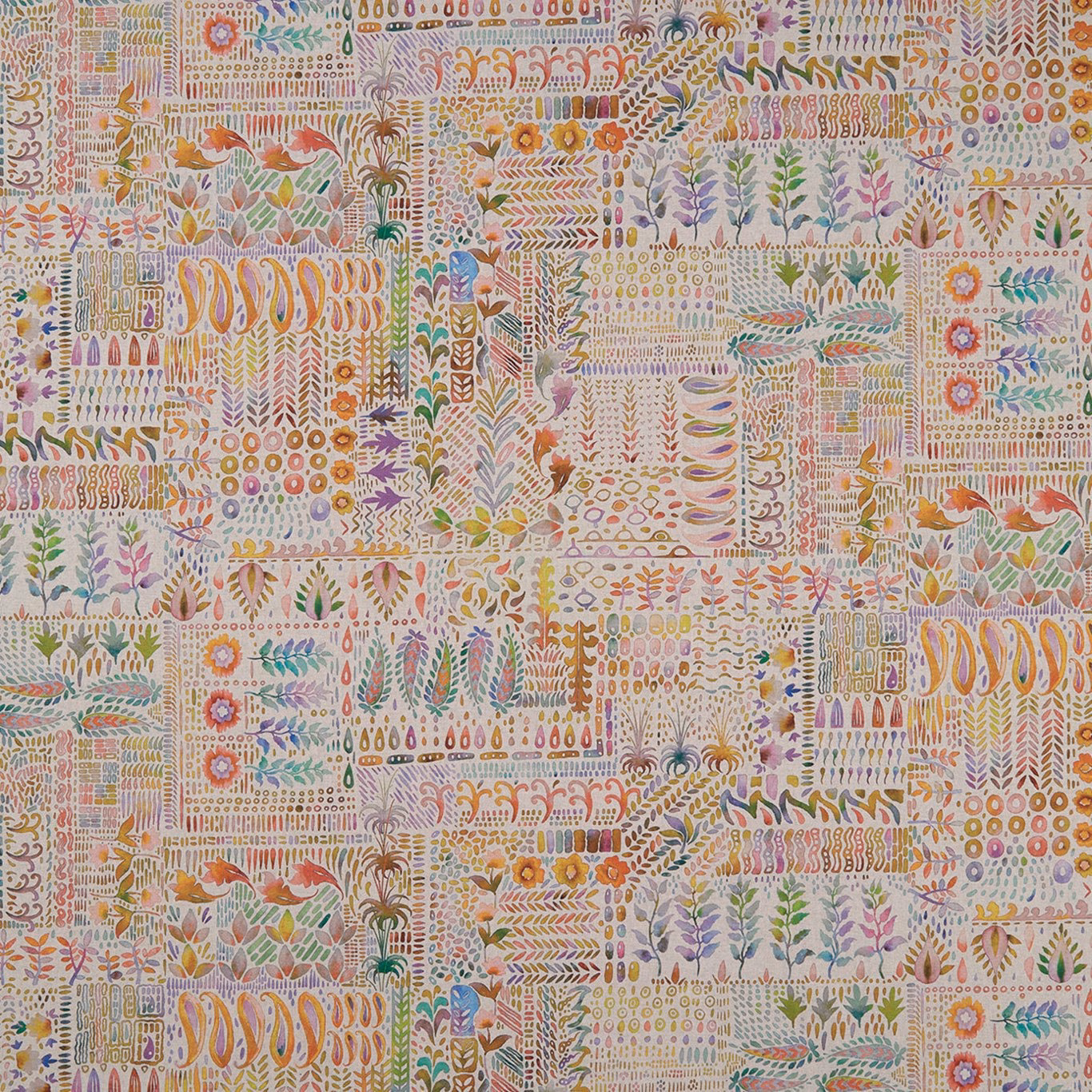 Warm linen-ground patchwork with terracotta flowers, sage leaves and fine folk motifs