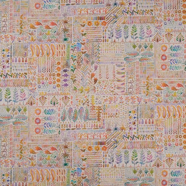 Warm linen-ground patchwork with terracotta flowers, sage leaves and fine folk motifs
