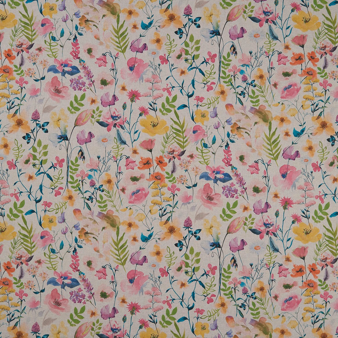 Pale linen floral fabric with scattered pink, blue, yellow and green meadow flowers