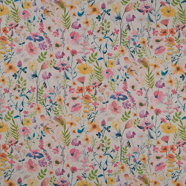 Pale linen floral fabric with scattered pink, blue, yellow and green meadow flowers