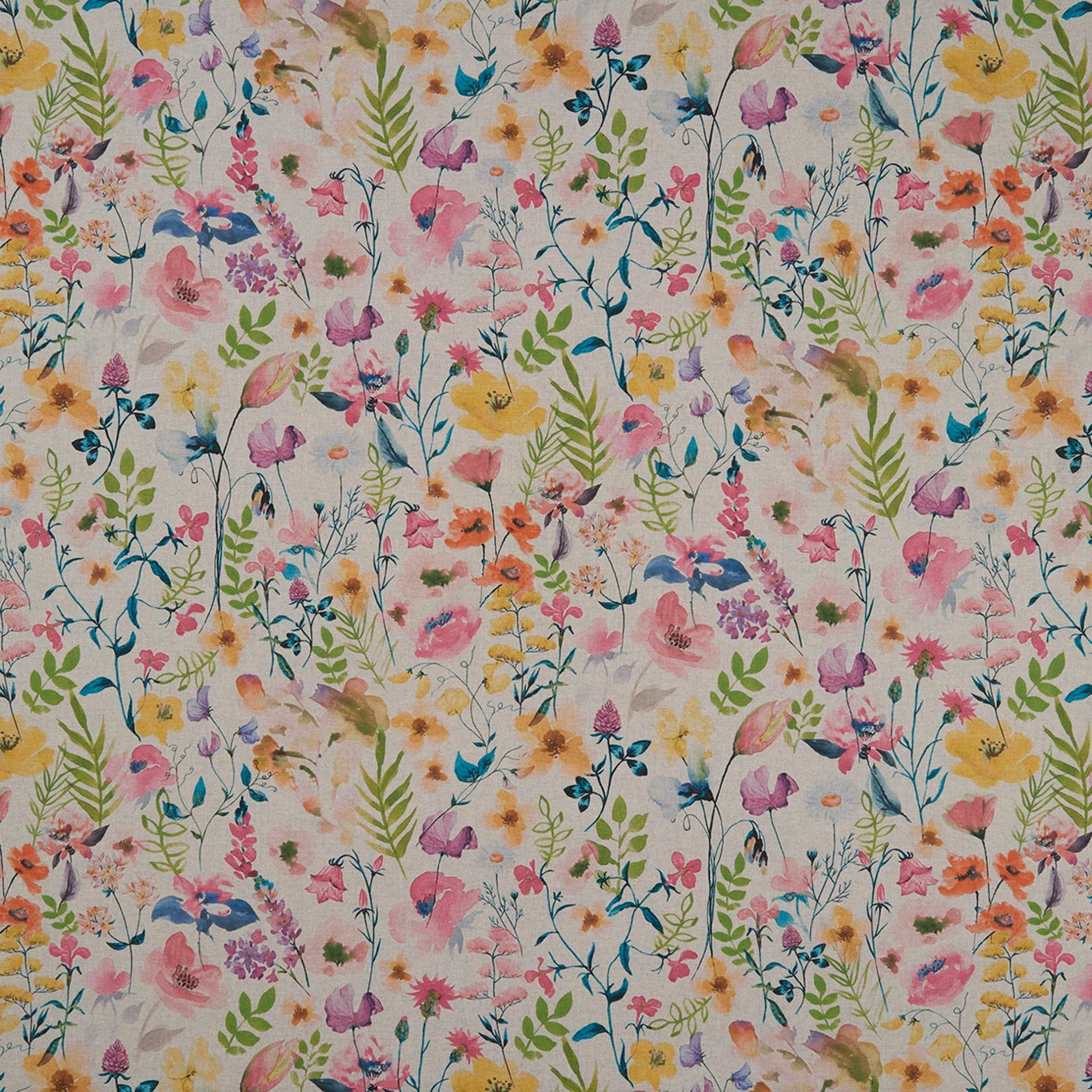 Pastel floral fabric with pink, yellow, blue and green watercolour blooms on a pale ground