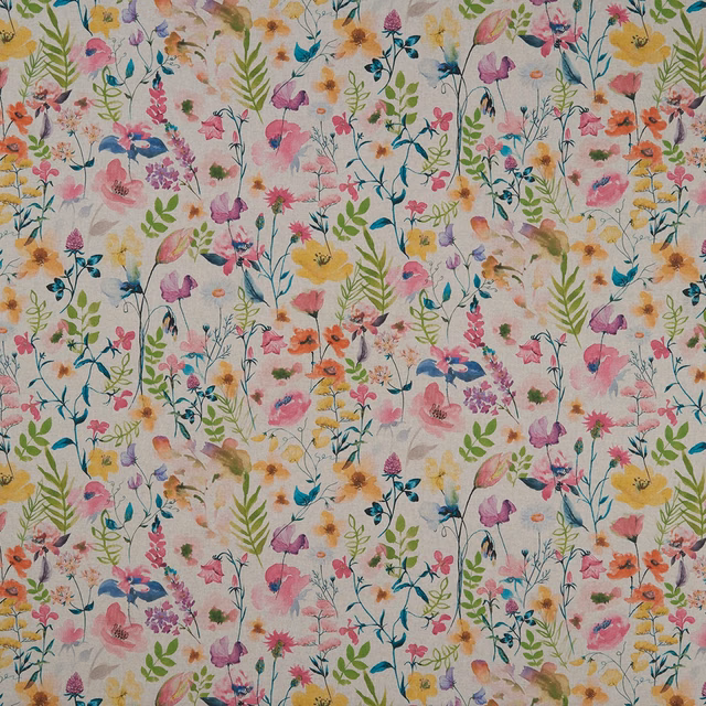 Pastel floral fabric with pink, yellow, blue and green watercolour blooms on a pale ground