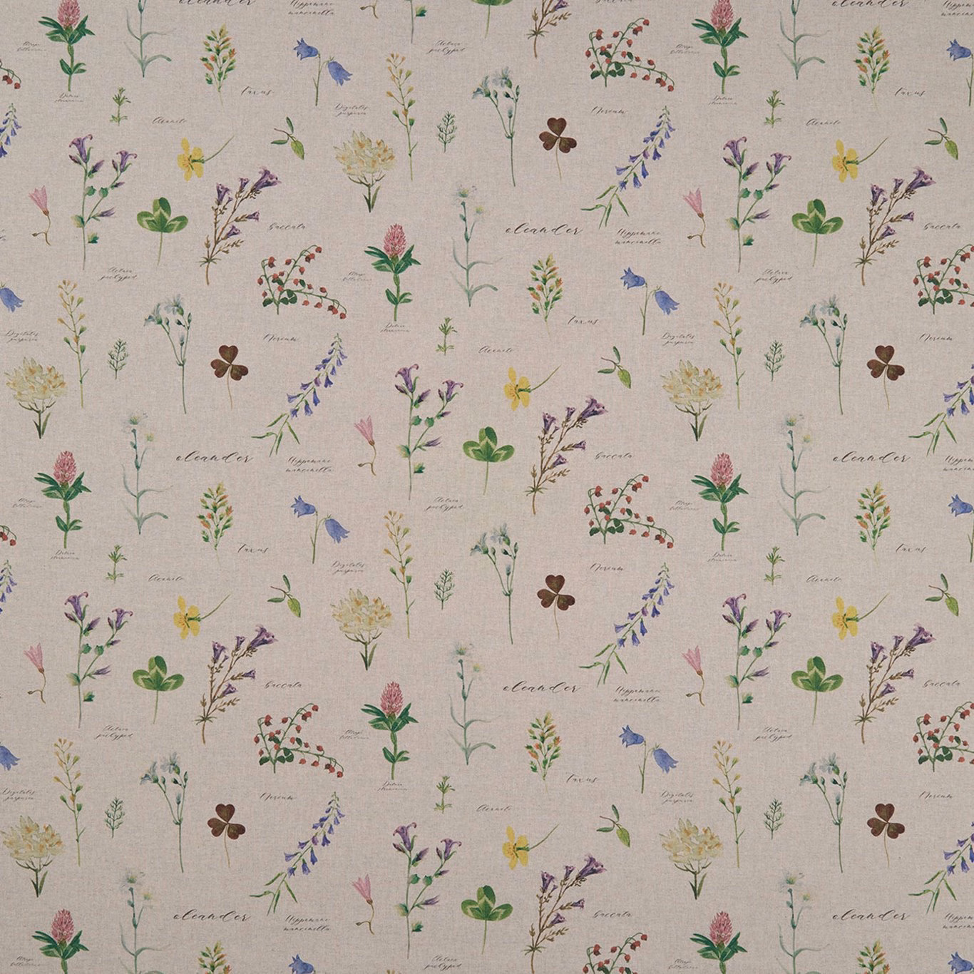 Warm greige woven fabric with scattered pink, green, lavender and yellow botanical sprigs