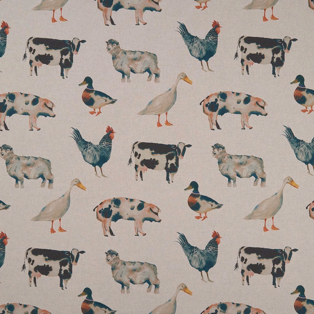 Muted oatmeal farm-animal print with teal roosters, cows and terracotta accents