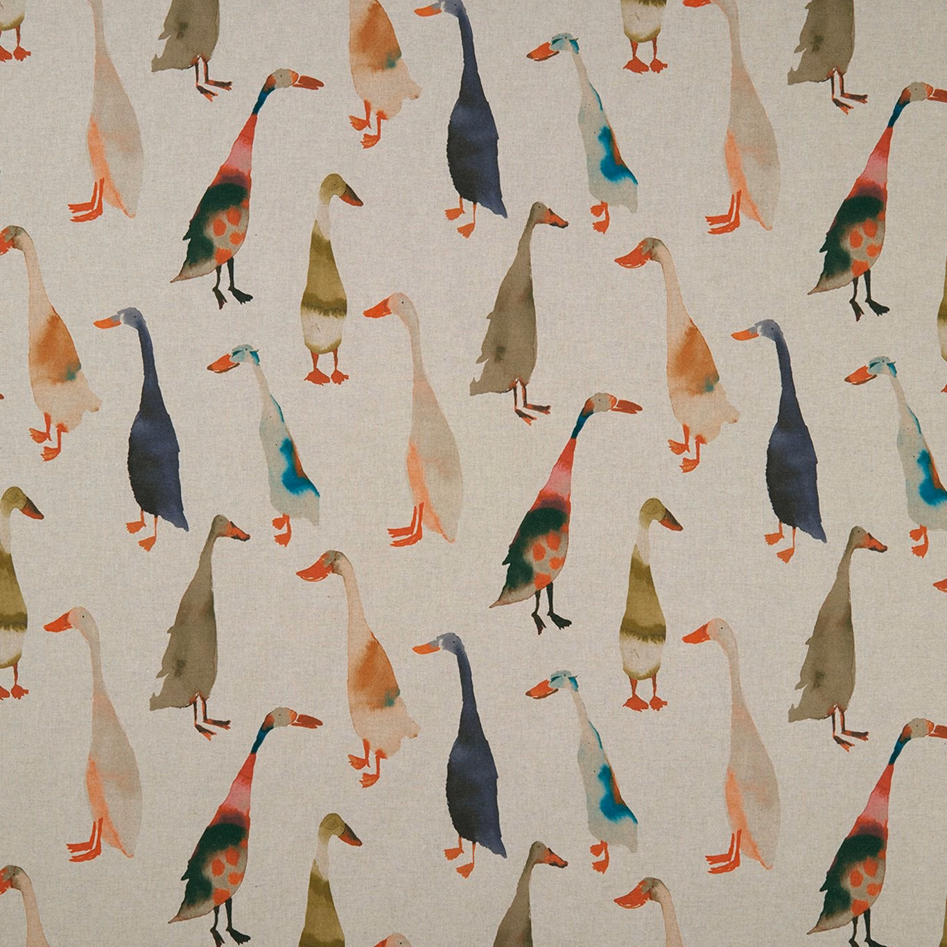 Stone-ground fabric with repeating teal, navy, rust and olive wading birds