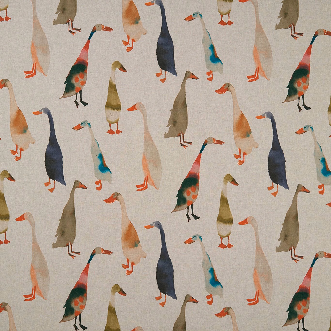 Warm beige linen-look fabric with colourful navy, teal and coral goose motifs