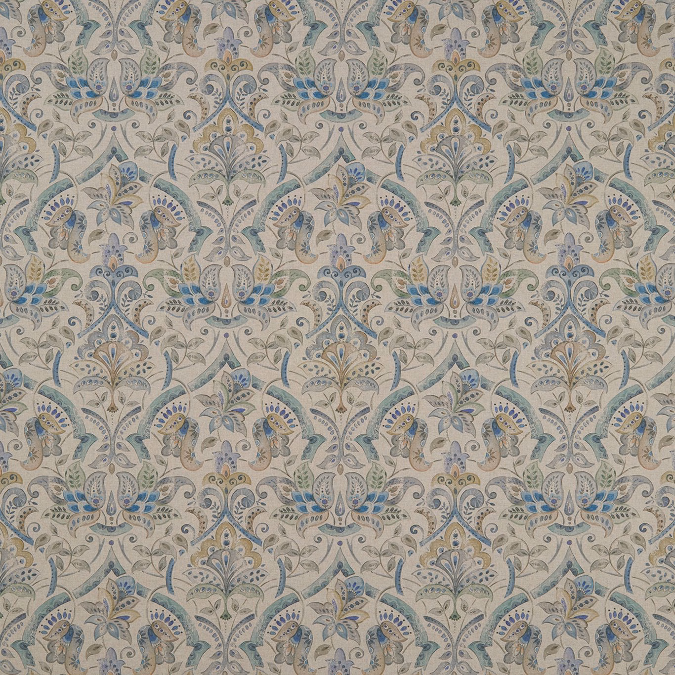 Mineral blue-grey paisley fabric with muted sage, ochre and floral detailing