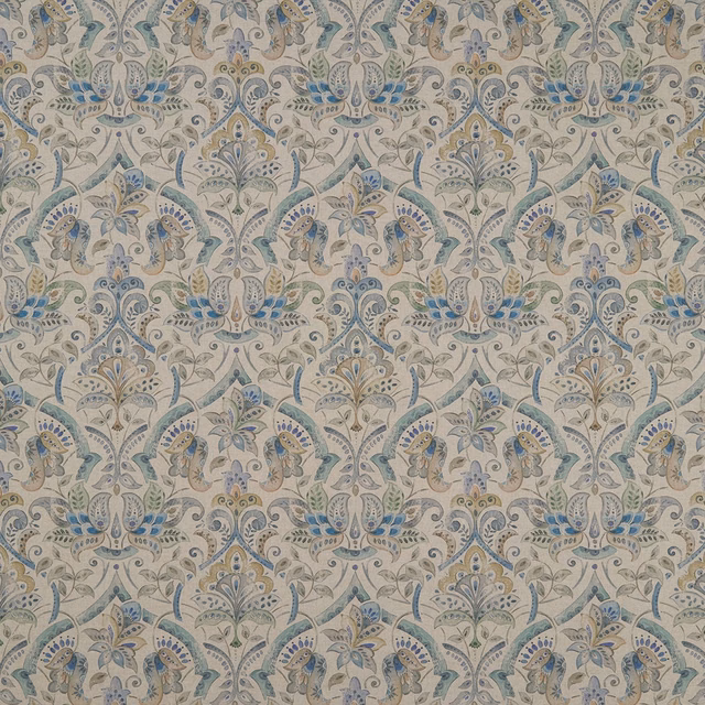 Mineral blue-grey paisley fabric with muted sage, ochre and floral detailing