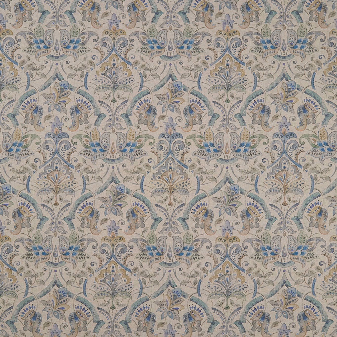 Pale mineral paisley fabric with blue, sage and taupe floral motifs in a dense repeat