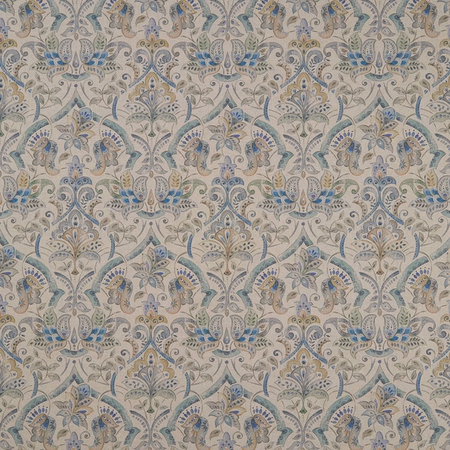 Pale mineral paisley fabric with blue, sage and taupe floral motifs in a dense repeat