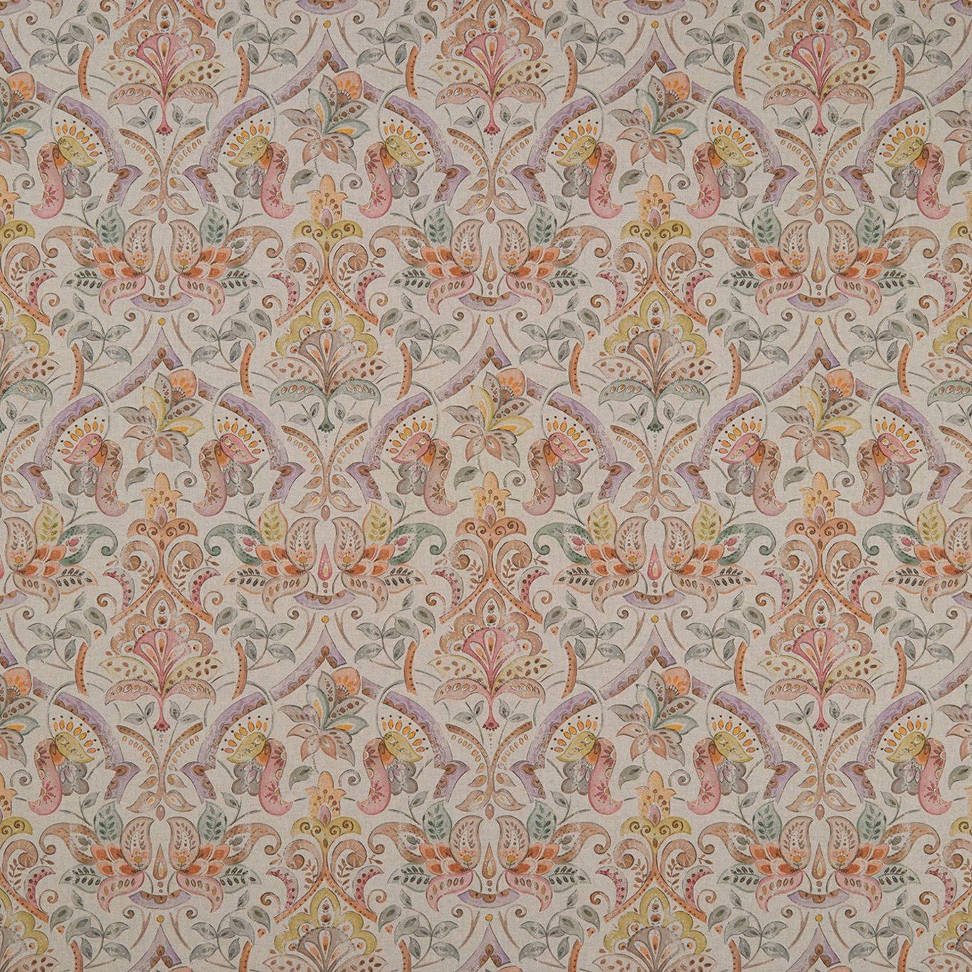 Cream floral paisley fabric with dusty rose, sage, ochre and taupe details