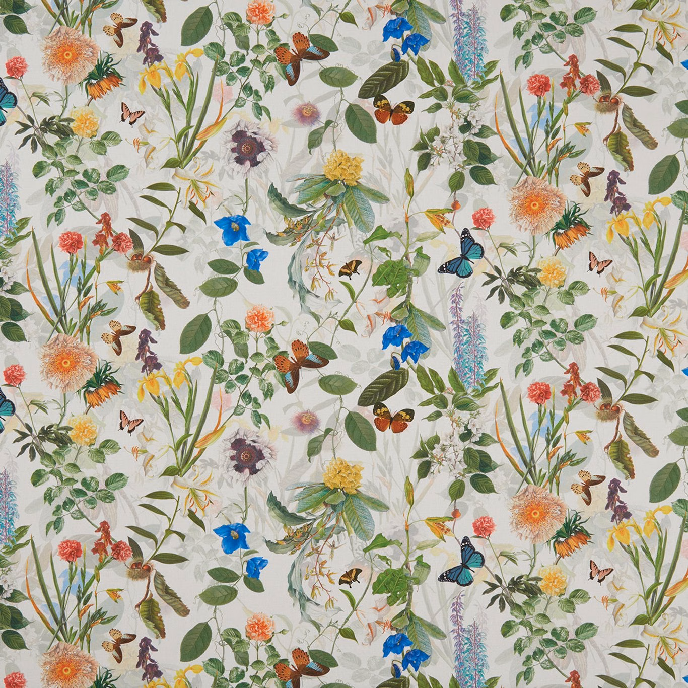 Warm cream botanical fabric with orange flowers, blue blooms, foliage and butterflies