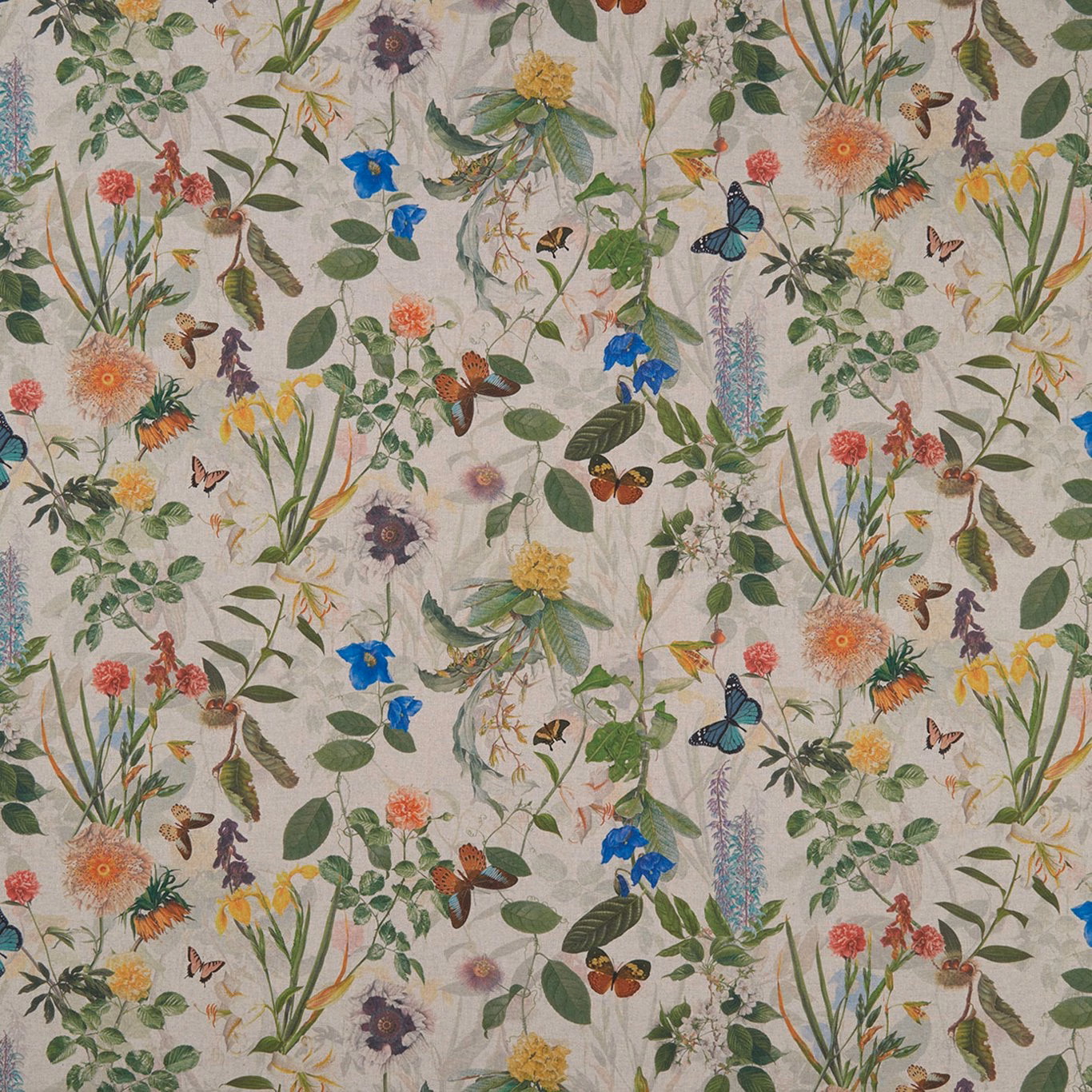 Warm ivory botanical fabric with blue butterflies, leafy stems and multicoloured flowers