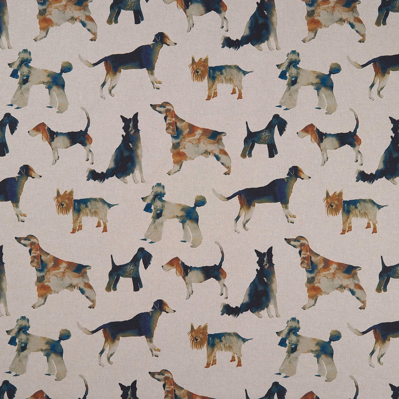 Painted dogs in navy, teal, rust and ochre across a warm stone textile