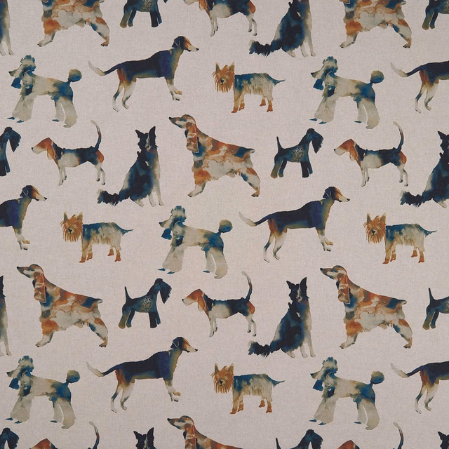 Painted dogs in navy, teal, rust and ochre across a warm stone textile