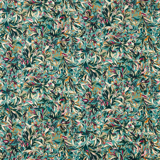 Eau de nil botanical textile with dark teal leaves, cream sprays and coral accents
