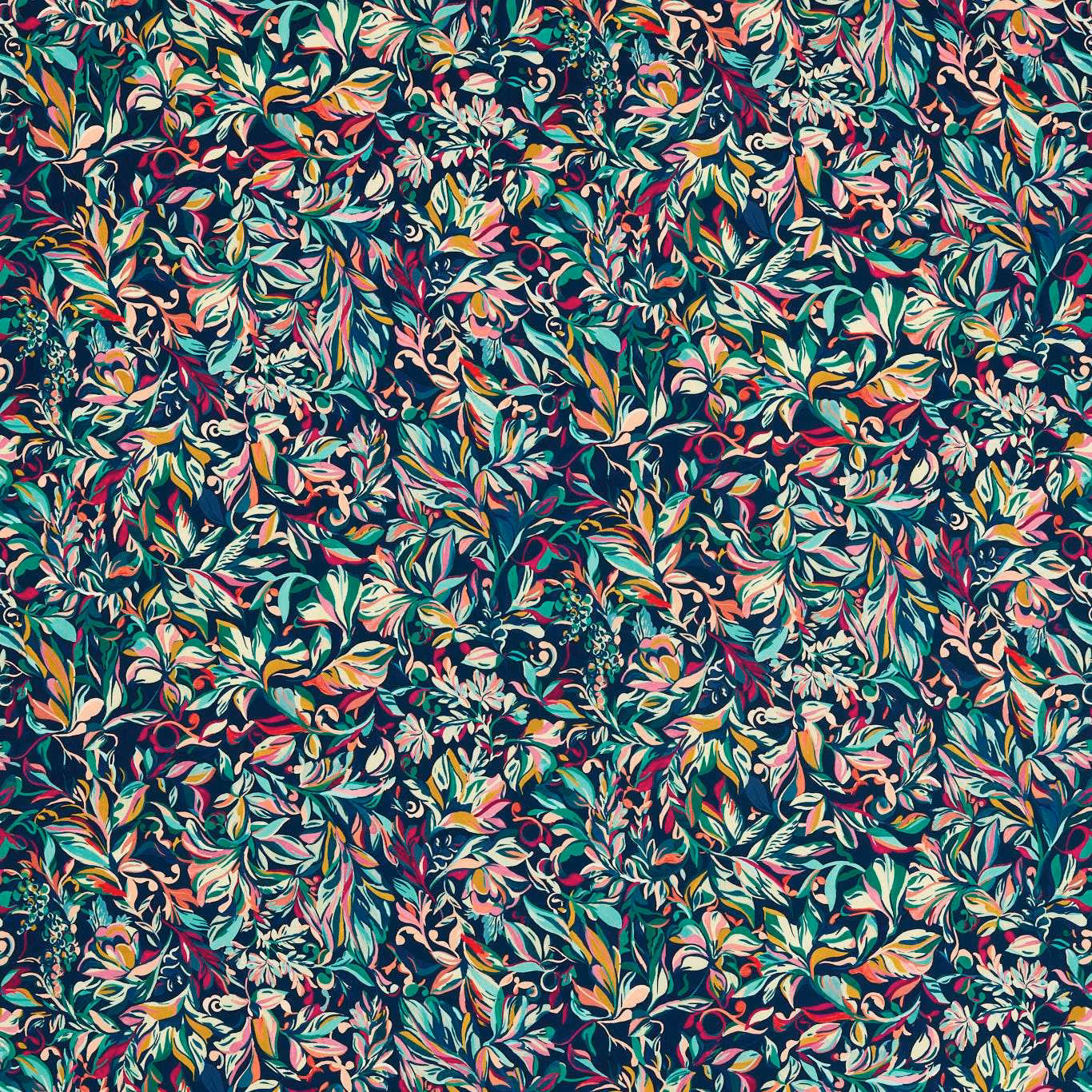 Dense coral, cream and green botanicals on a midnight teal ground
