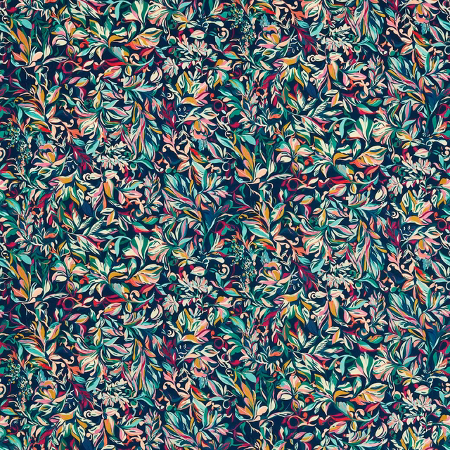 Dense coral, cream and green botanicals on a midnight teal ground