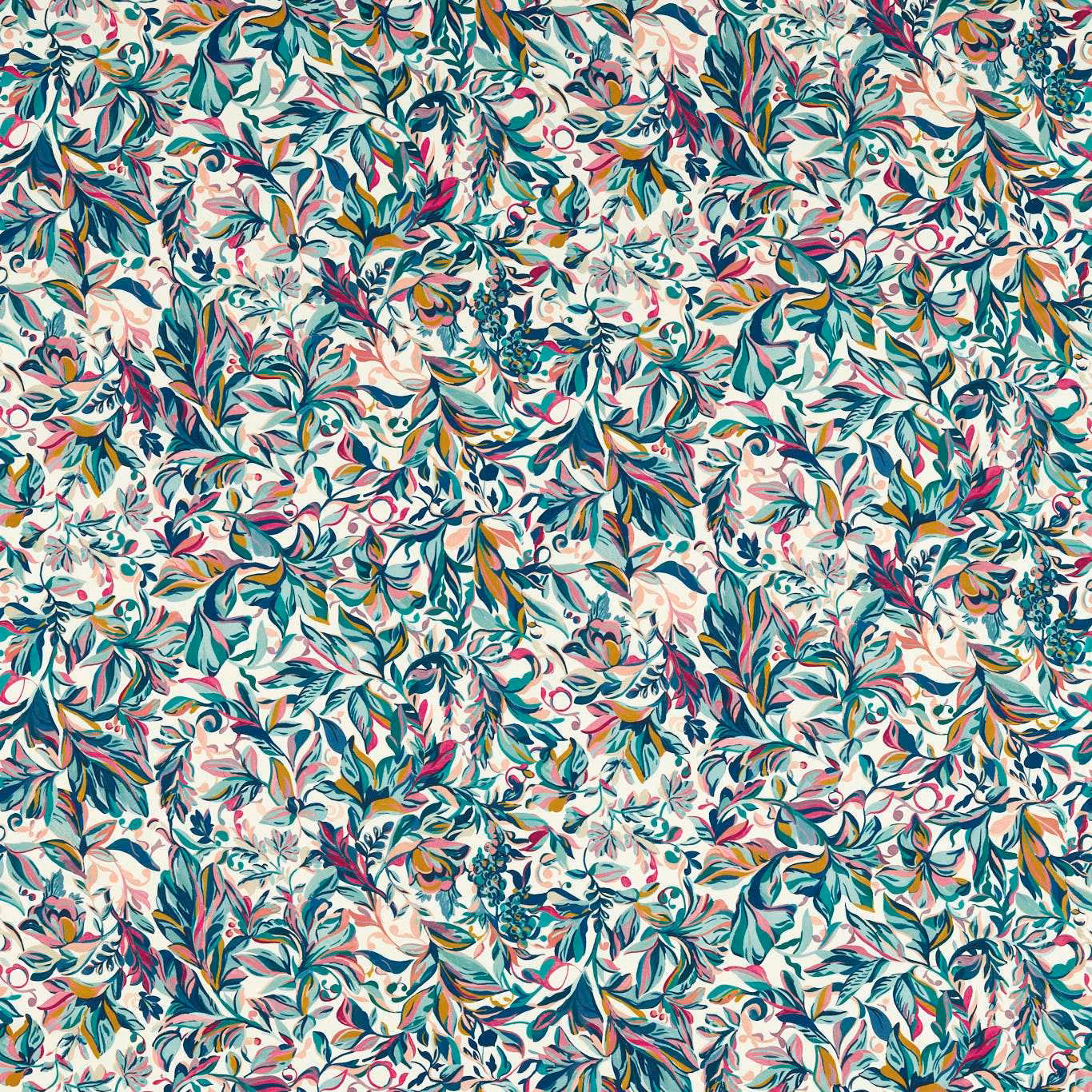 Dense teal, coral and green botanical sprigs across a cream ground