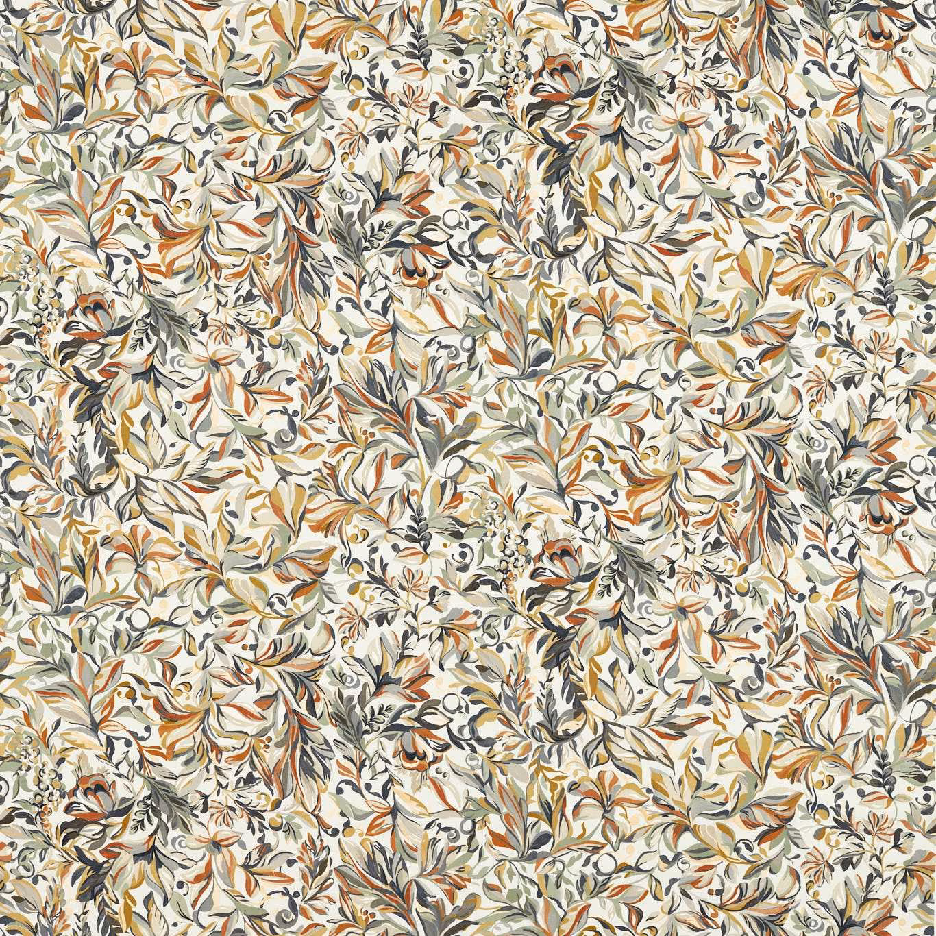 Ashbrook Natural fabric with dense ivory, sage, olive, charcoal and rust foliage