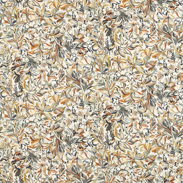 Ashbrook Natural fabric with dense ivory, sage, olive, charcoal and rust foliage
