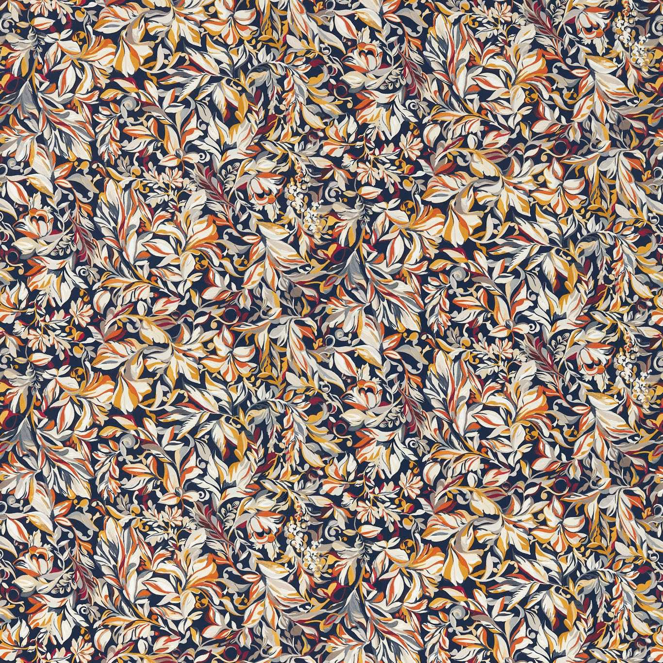 Dense botanical leaves and flowers in ivory, rust, ochre and blue on an inky ground