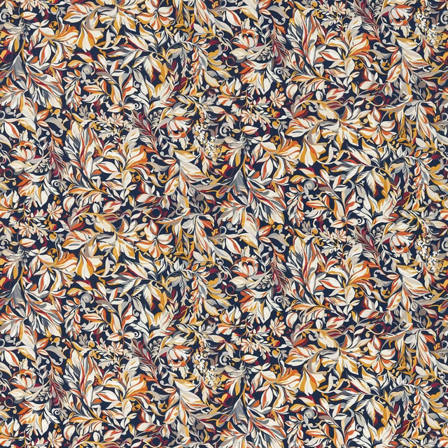 Dense botanical leaves and flowers in ivory, rust, ochre and blue on an inky ground