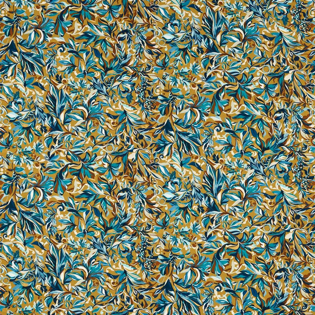 Dense teal and navy foliage with cream flowers across a warm ochre textile ground