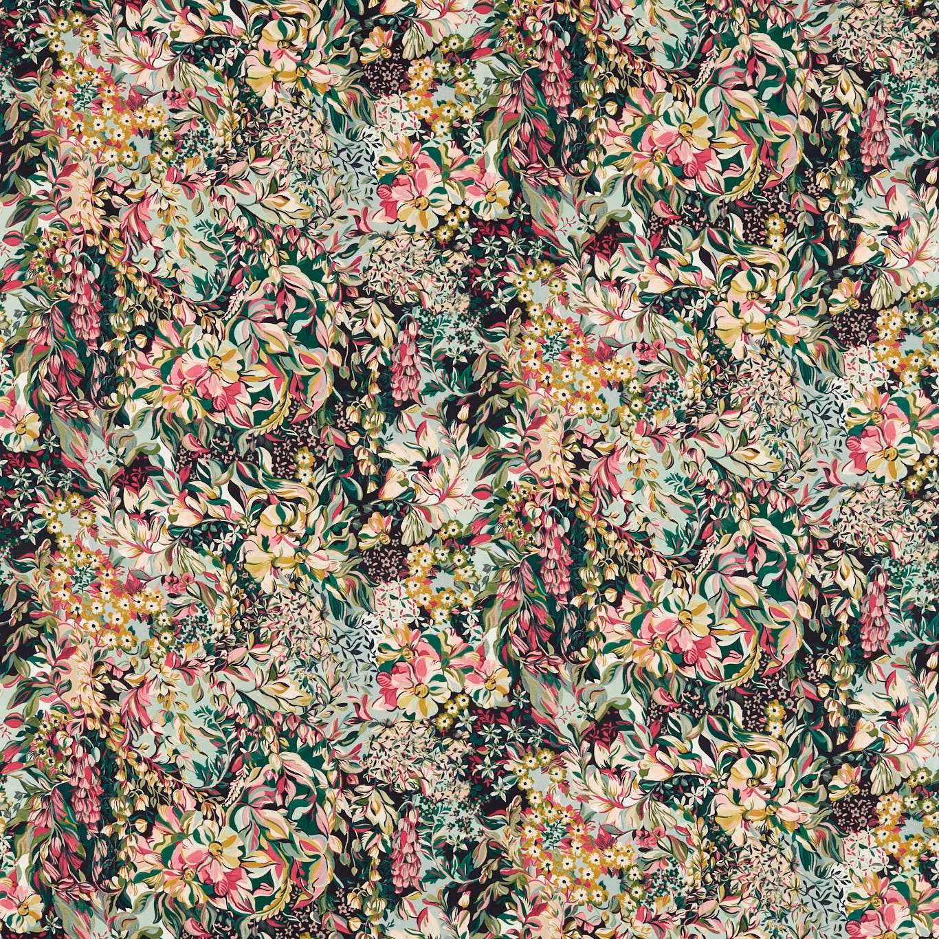 Cool mint floral fabric with pink blooms, yellow posies and deep green foliage