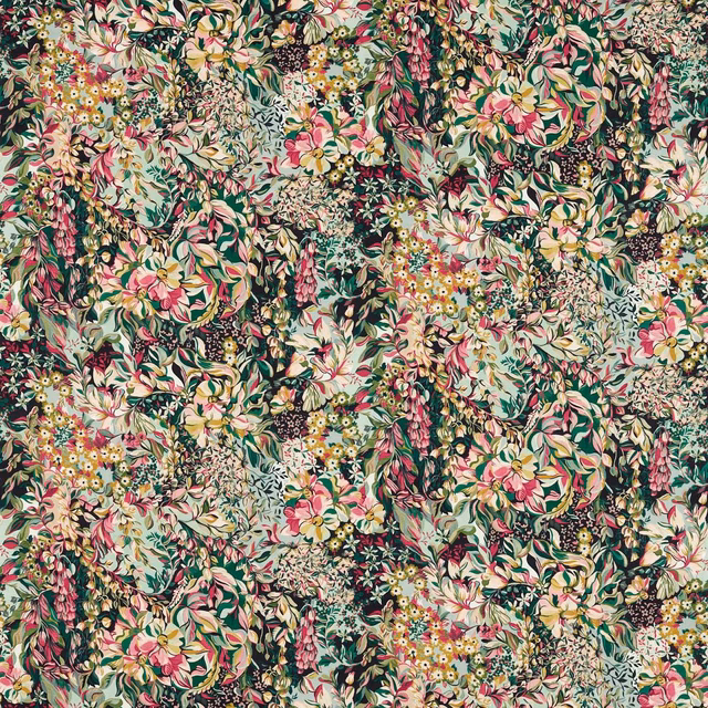 Cool mint floral fabric with pink blooms, yellow posies and deep green foliage