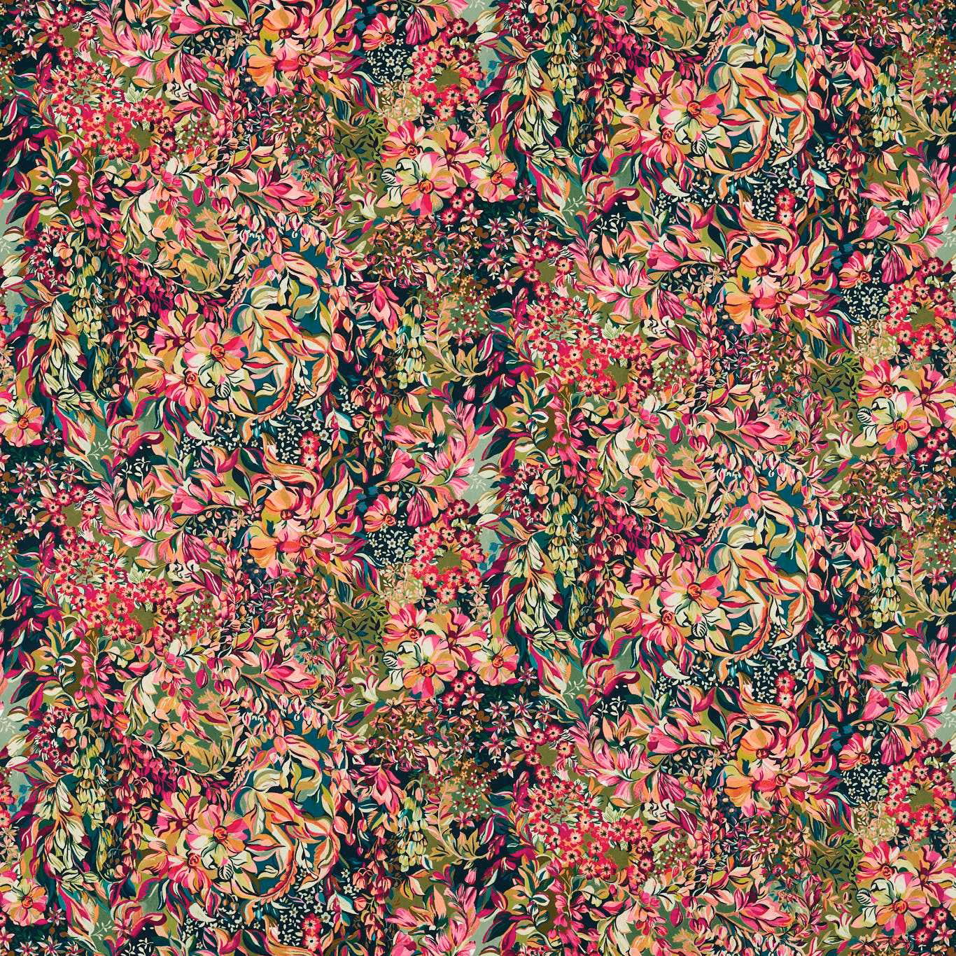 Dense forest-green floral ground with raspberry blooms, coral petals and leafy ochre detail