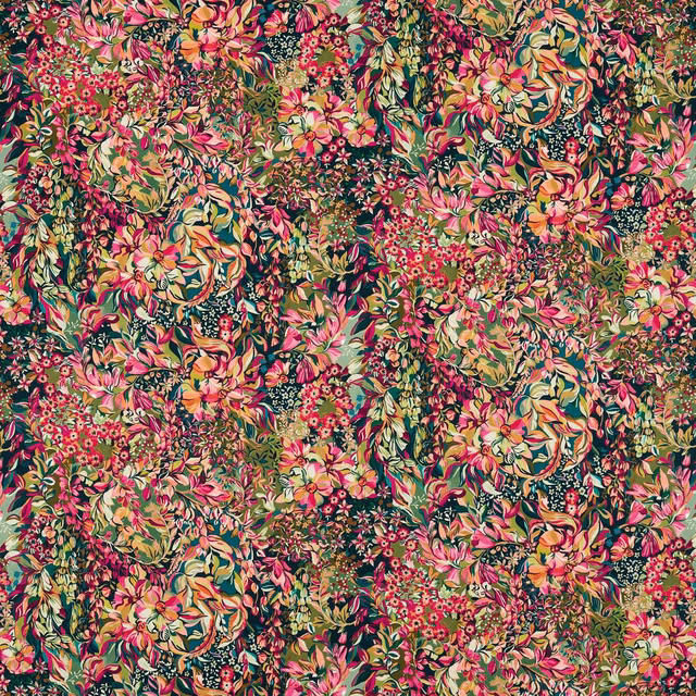 Dense forest-green floral ground with raspberry blooms, coral petals and leafy ochre detail