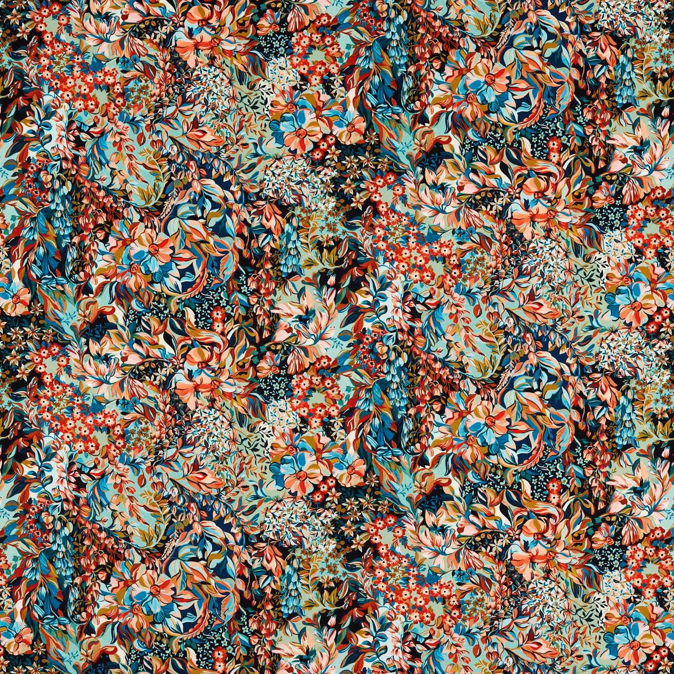 Dense midnight teal floral fabric with coral, spice, turquoise and cream botanical motifs
