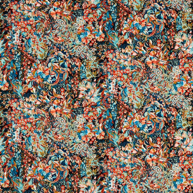Dense midnight teal floral fabric with coral, spice, turquoise and cream botanical motifs