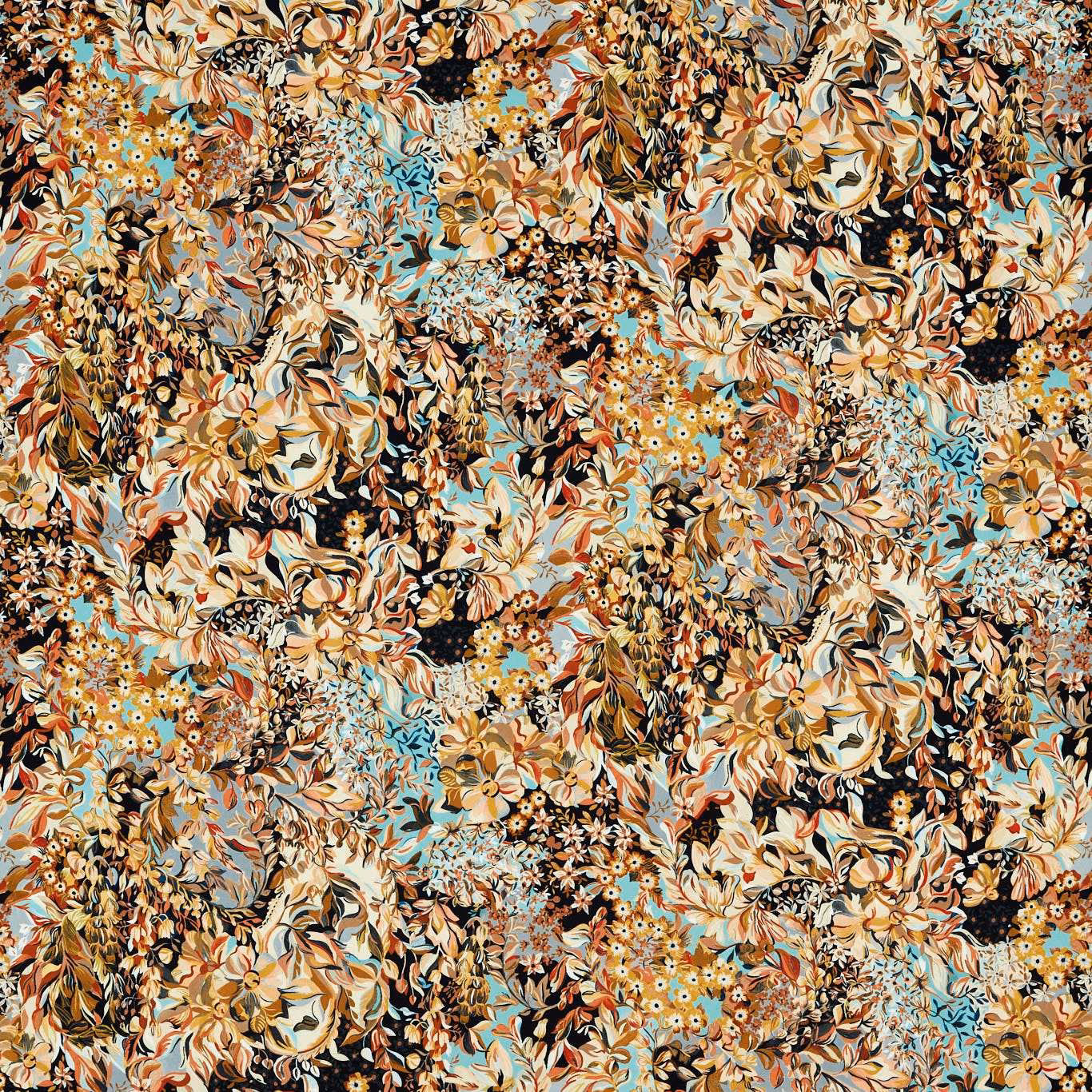 Dense floral textile in black, mineral blue, cream, rust and ochre