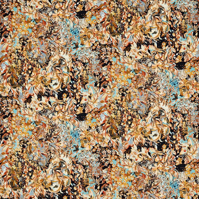 Dense floral textile in black, mineral blue, cream, rust and ochre
