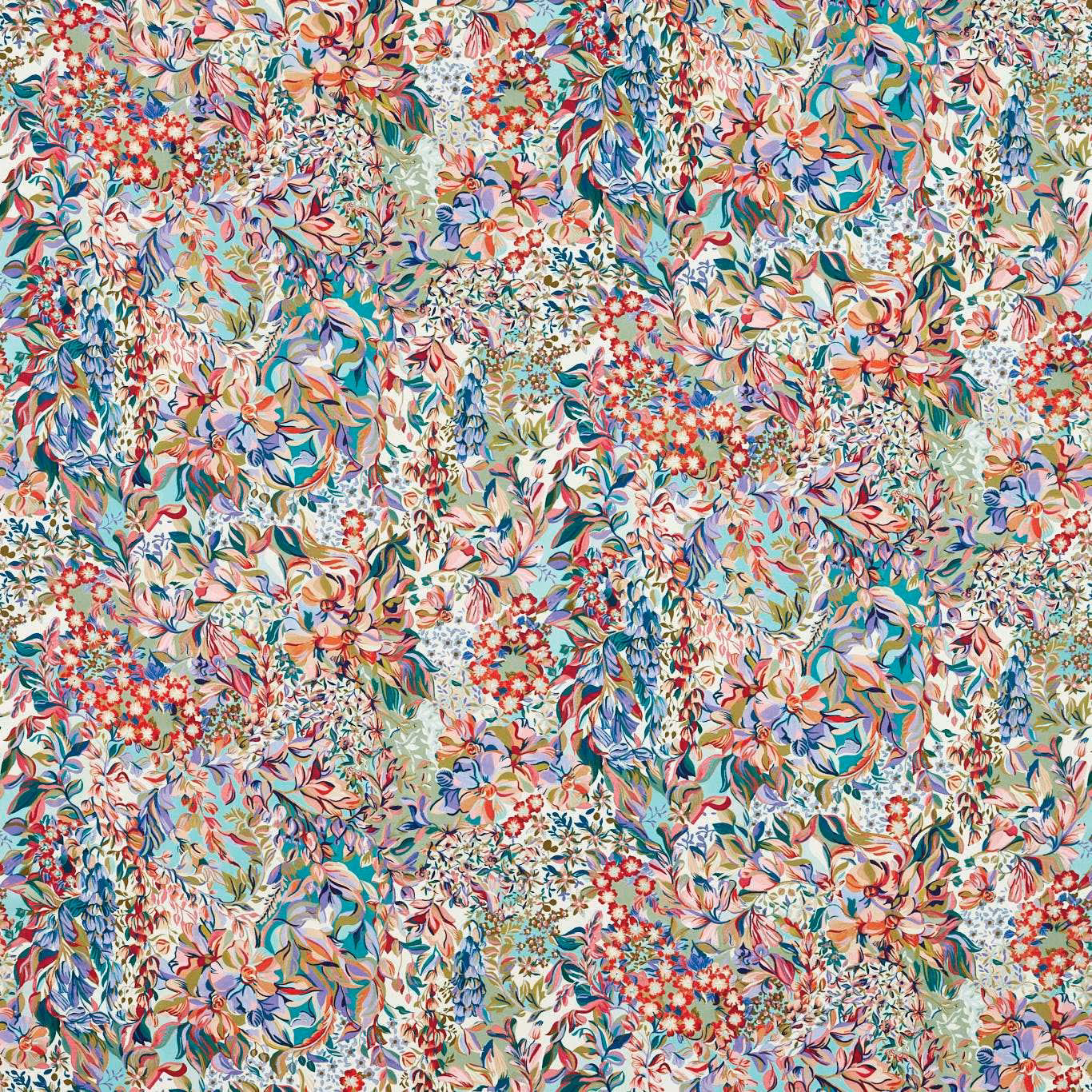 Pastel aqua floral textile with coral blooms, teal leaves and dense botanical detail