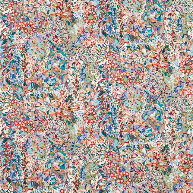 Pastel aqua floral textile with coral blooms, teal leaves and dense botanical detail
