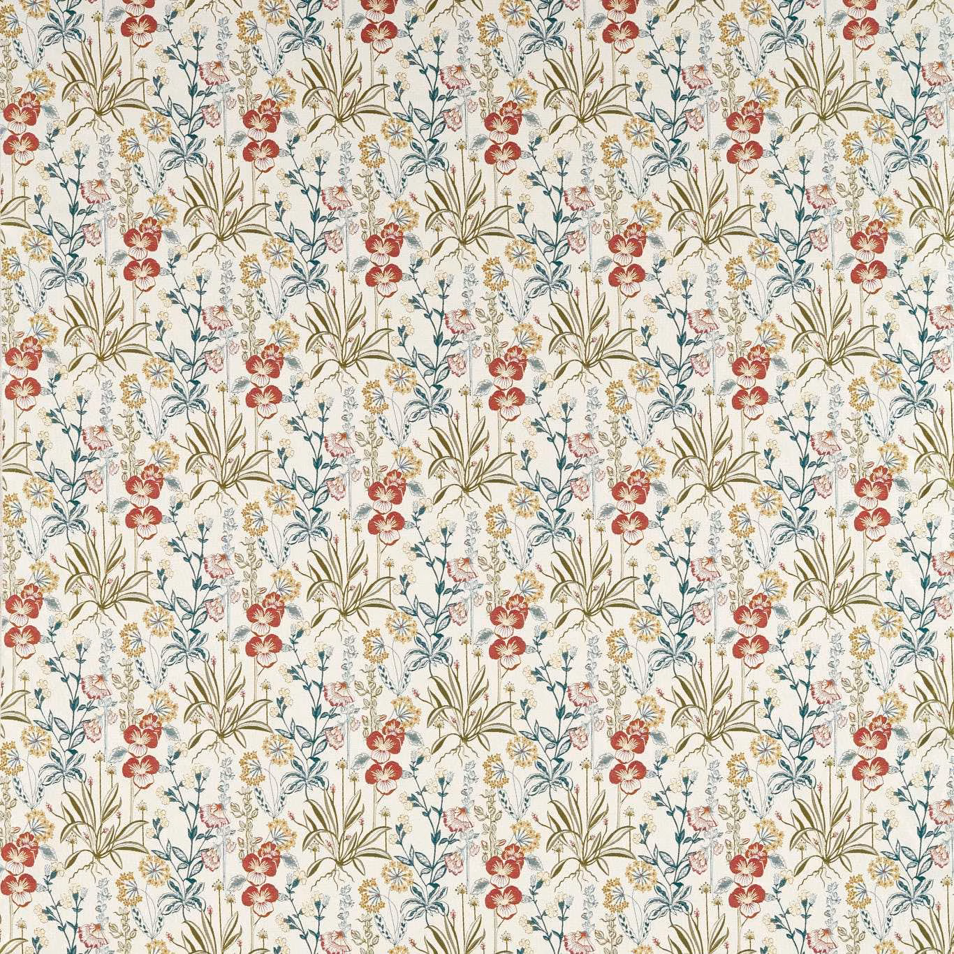 Linen-toned floral fabric with forest grasses, red blooms and blue sprigs